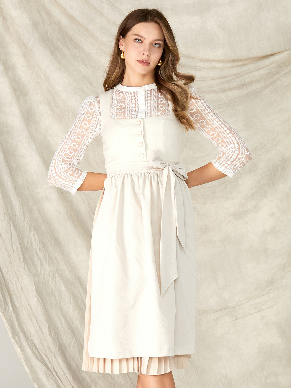 Beige Knöpfen Gerader Ausschnitt Dirndl Thea
